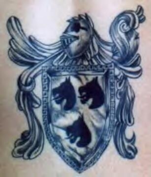 Black ink heraldic shield tattoo