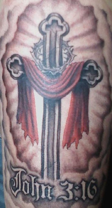 Cross with cloak and psalm number tattoo
