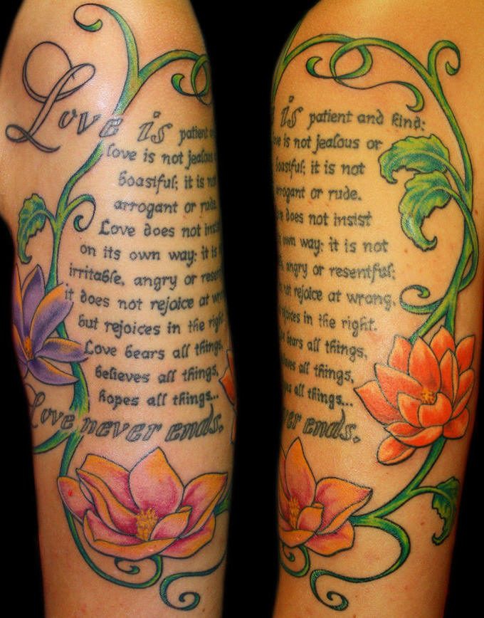Corinthians love text in flower tracery tattoo