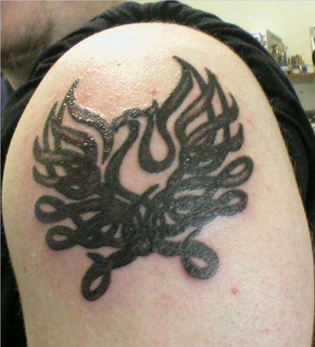 stripe nero fenice tatuaggio sulla spalla