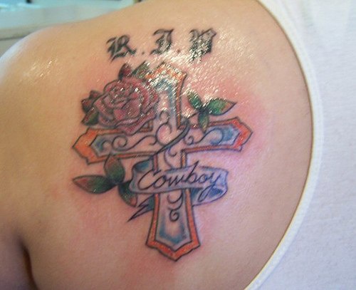 Cross with roses memorial tattoo
