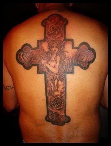 Large cross tattoo with angel in it