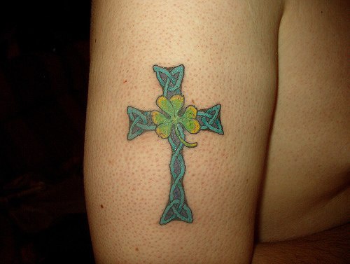 Celtic cross with clover tattoo