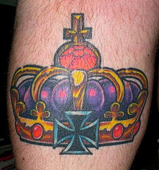 Imperial purple crown with cross tattoo
