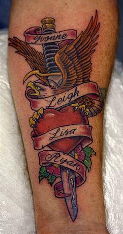 Dagger and eagle on red heart arm tattoo