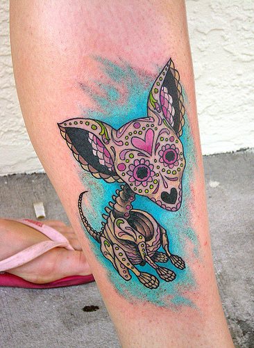 Dia de muertos style chihuahua coloured tattoo
