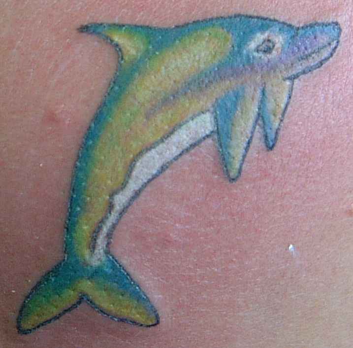 Green and blue dolphin on tattoo