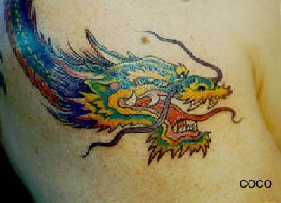 Whiskered chinese dragon tattoo in colour