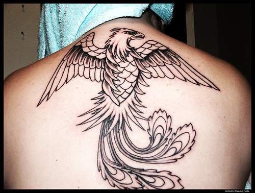 Black line magic fire bird tattoo