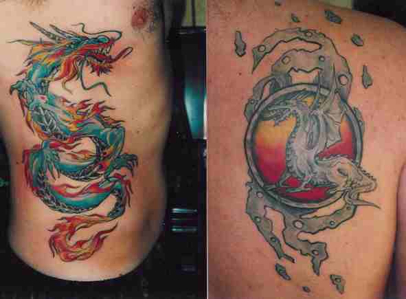 drago cinese colorato sul terzino tatuaggio