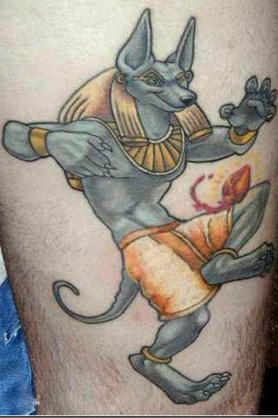 Cartoonish anubis playing sox in colour