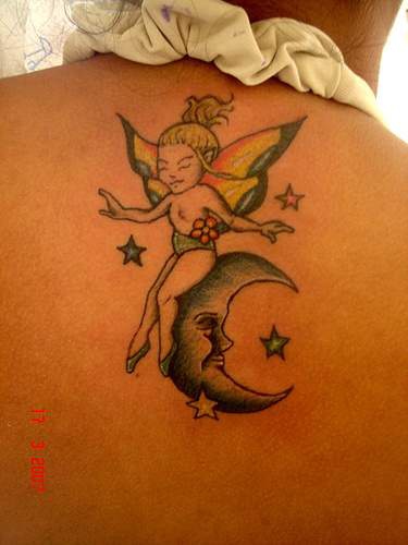 Little fairy on crescent tattoo