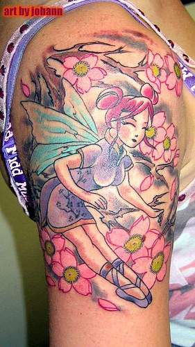 Asian fairy under sakura tree tattoo