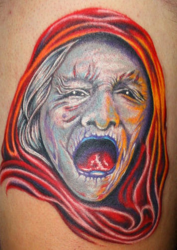 Witch in red cape tattoo