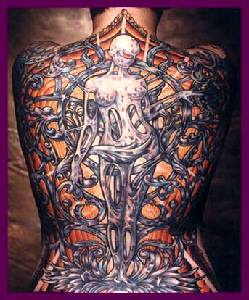 Fantastic biomech woman full back tattoo