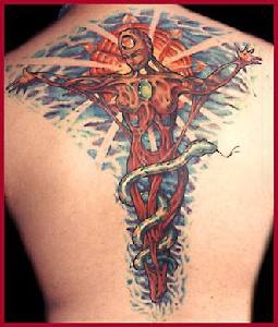 Colourful woman on cross surreal tattoo