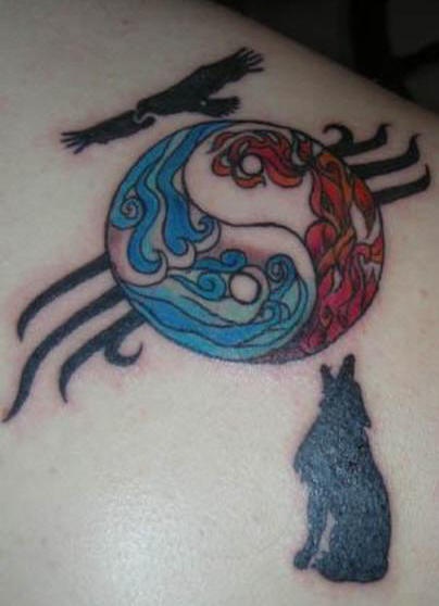 Yin and yang tattoo with wolf and eagle