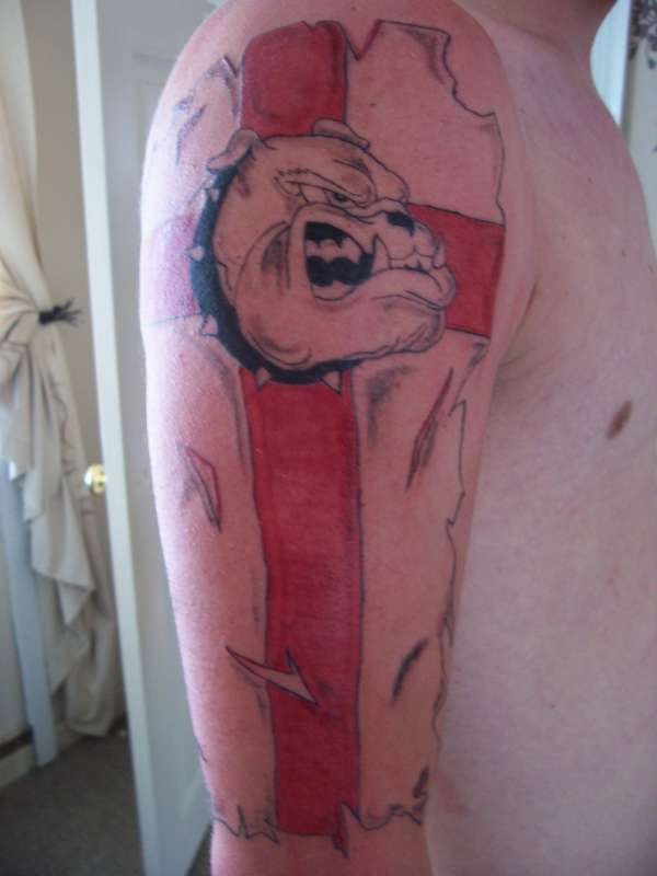 Large english bulldog flag arm tattoo
