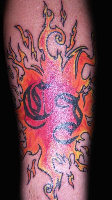 Flame with initials tattoo