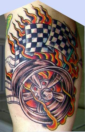 Wheels on fire racing tattoo
