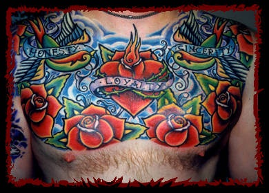 Technicolor red roses full chest tattoo