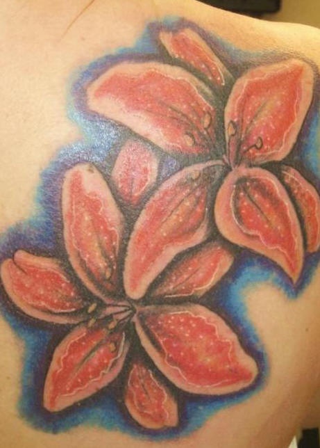 Tatuaggio colorato sulla spalla i gigli rossi