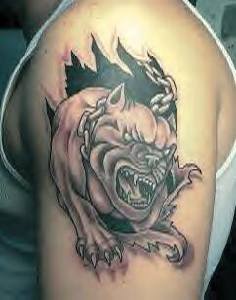 Angry bull terrier on chain skin rip tattoo