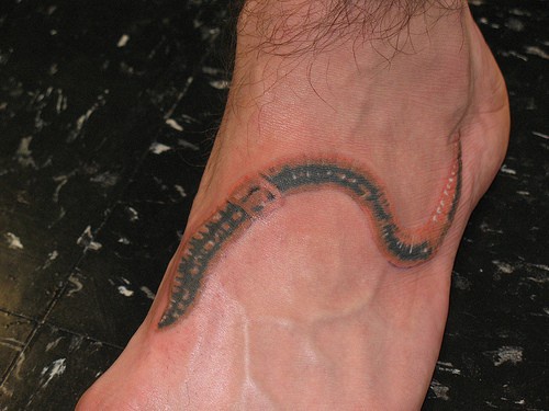 Black and red realistic worm foot tattoo