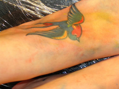 Tatuaje en el pie, golondrina con las alas desplegadas