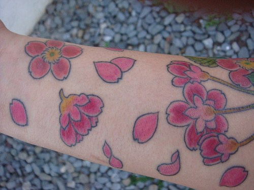Many pink, beautiful round flowers forearm tattoo