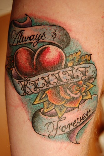 Always kellie forever, lettering,heart,rose forearm tattoo