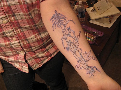 Black tall plant with many leaves forearm tattoo