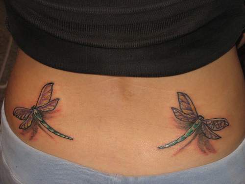 3d  two dragonflies tattoo on lower back