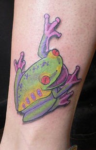 Smiling hallucinogenic frog tattoo