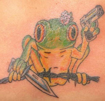 Frog on barb wire with gun and dagger