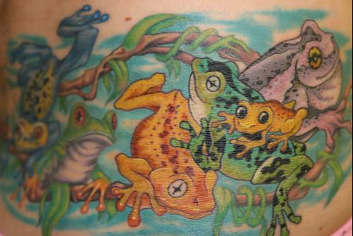 Whole bunch of frog colourful tattoo
