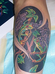 Le tatouage artistique de grenouilles sur des buissons