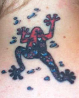 Poison red and black frog tattoo