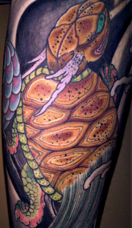 Full color big yellow turtle tattoo