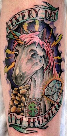 Hustlin unicorn with ice and blings tattoo