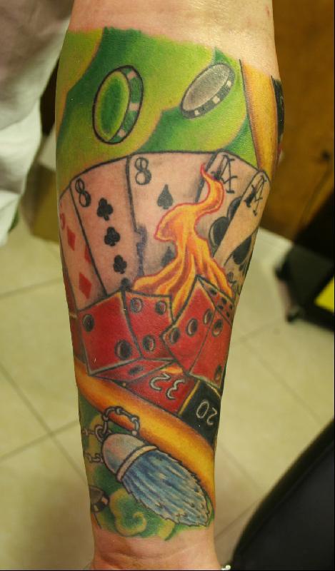 Gambling stuff on green background sleeve tattoo