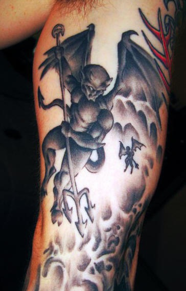 Imps with trident in hell tattoo