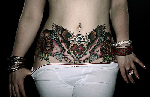 Sexy colourful roses with eagle tattoo