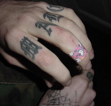 Special styled  inscription on fingers hand tattoo