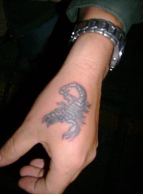 Scorpion stylisé de taille moyen le tatouage sur la main avec les ombres