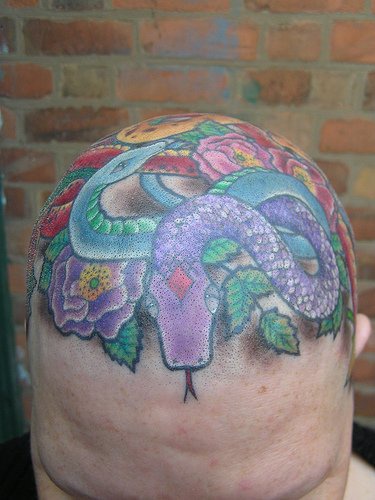 Tatuaje en la cabeza, serpientes entre flores, multicolorados