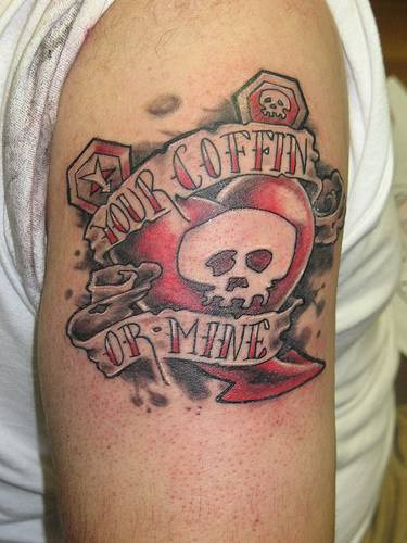 Heart with your coffin or mine writing tattoo