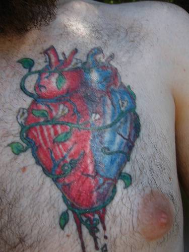 tatuaje de corazón azul y rojo en la hiedra
