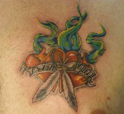 Hearts with green flame and feathers lovers tattoo