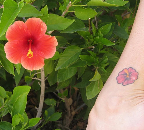 Small hibiscus tattoo with real one